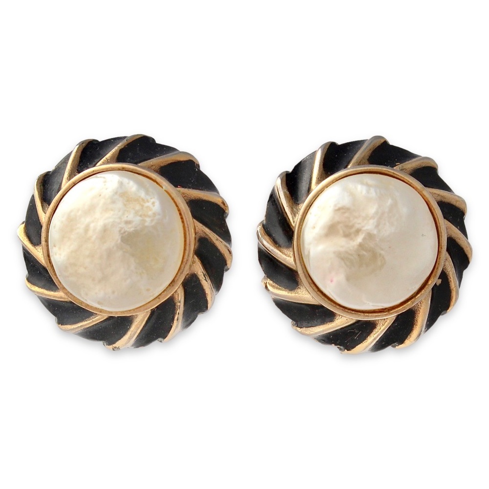 Vintage Marvella Faux Pearl Earrings Screw Back Clip On Gold Plated Black Enamel